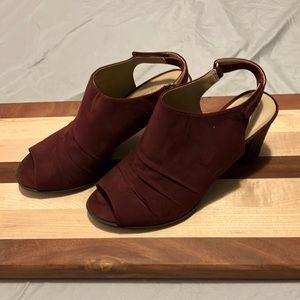 Purple suede open toed heels